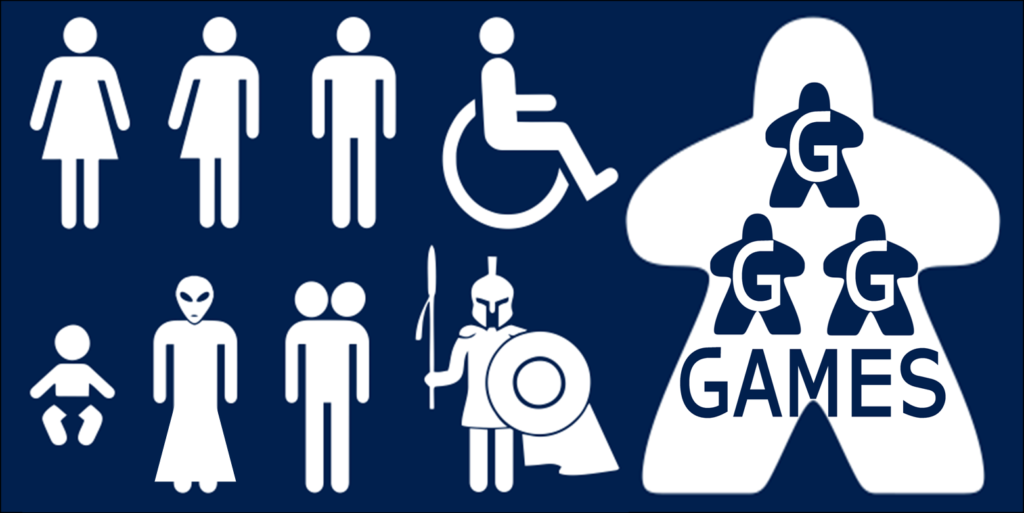 A sign for universal toilets showing a range of people icons: female, part female-part male, male, a wheel-chair user, a baby, an alien, a 2headed person, a warrior with spear and shield, and a large meeple with 3 other meeples superimposed saying G G G Games.